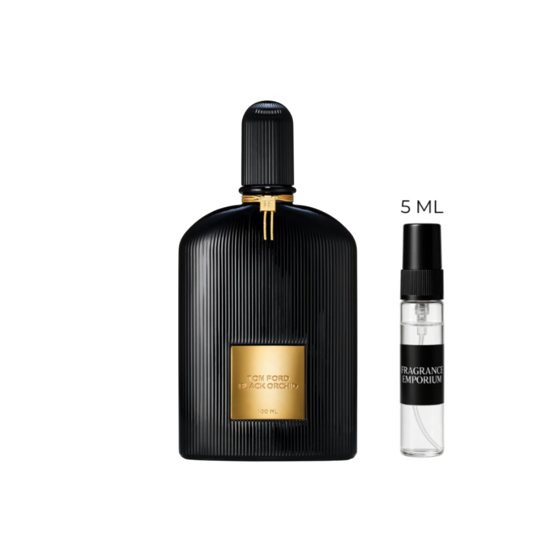 Tom Ford Black Orchid EDP bottle with a 5 ml sample vial beside it, photographed under soft lighting. A powerful unisex fragrance that mixes orchid, spices, and patchouli to create a luxurious statement scent, offered in 5 ml samples at Fragrance Emporium.
