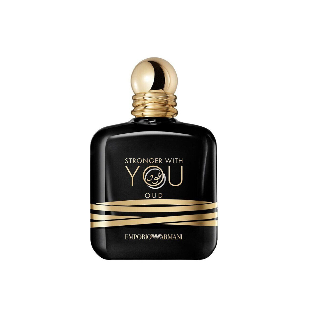 Elegant close-up of the Armani Stronger With You Oud Eau de Parfum 100 ml bottle, featuring a sleek black and gold design that reflects the fragrance’s luxurious character. The image highlights the sophisticated craftsmanship and modern masculine allure of this intense oud and vanilla scent.