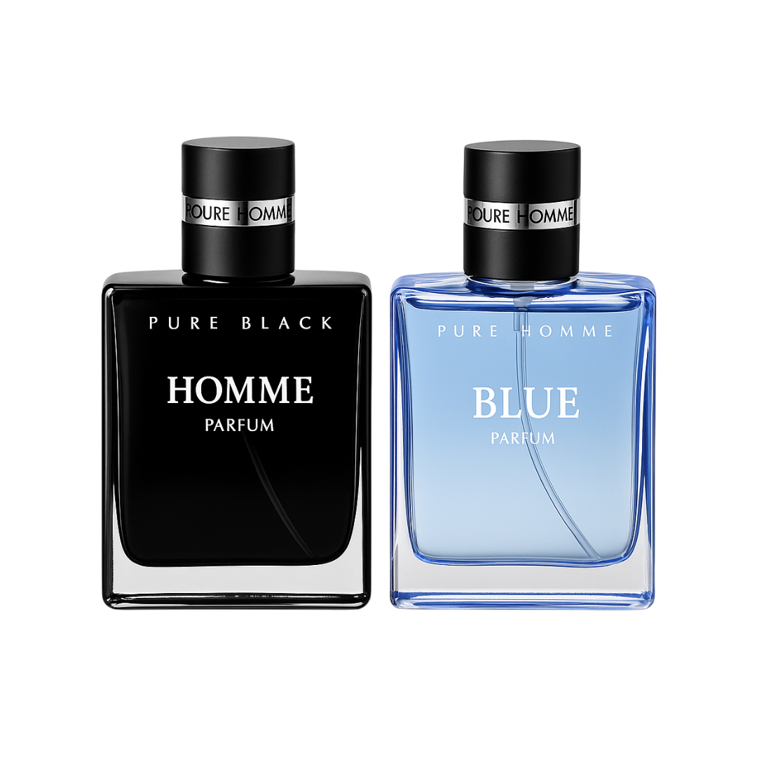 Dark Sea dual fragrance set by Fragrance Emporium featuring Pure Black and Blue Crystal EDP bottles, blending marine and woody notes

