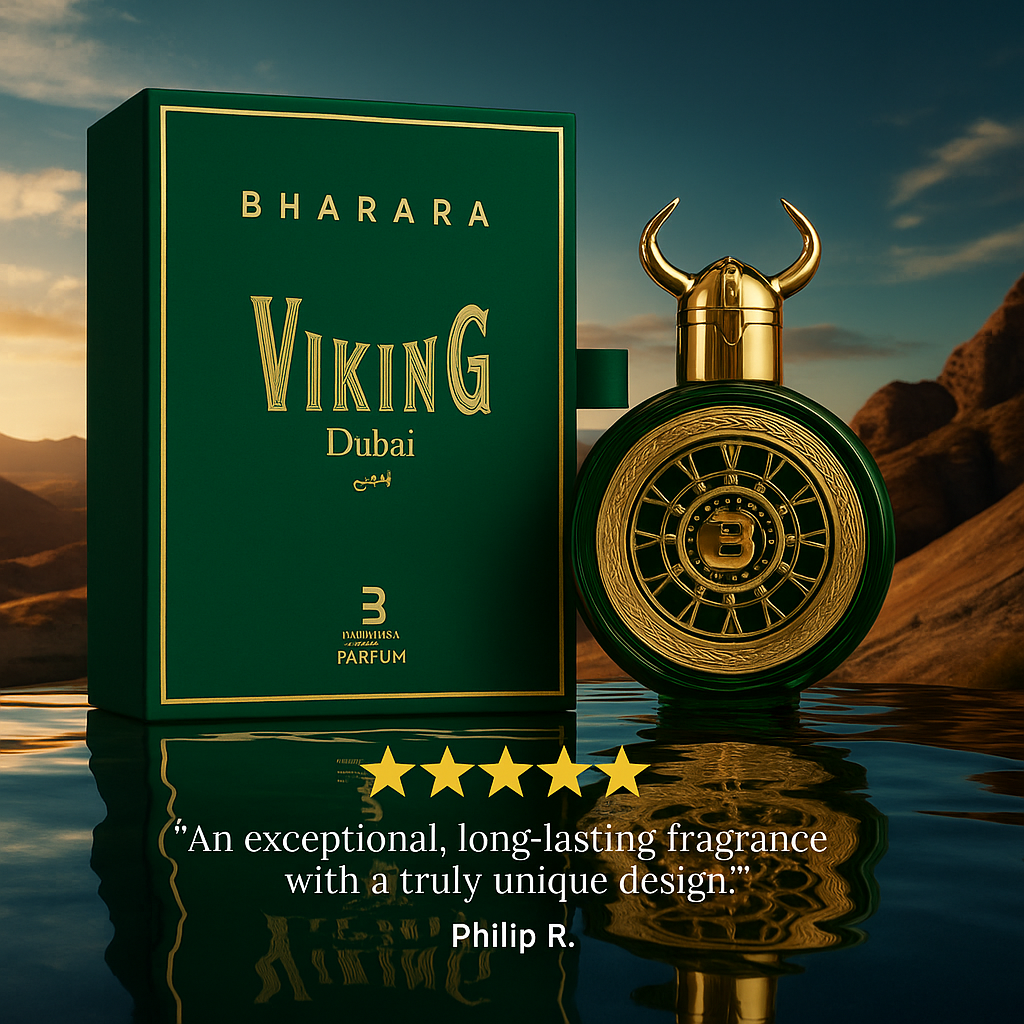 Valhalla Forge perfume showcased alongside branded booklet and box – premium Norse-inspired packaging by Fragrance Emporium.

