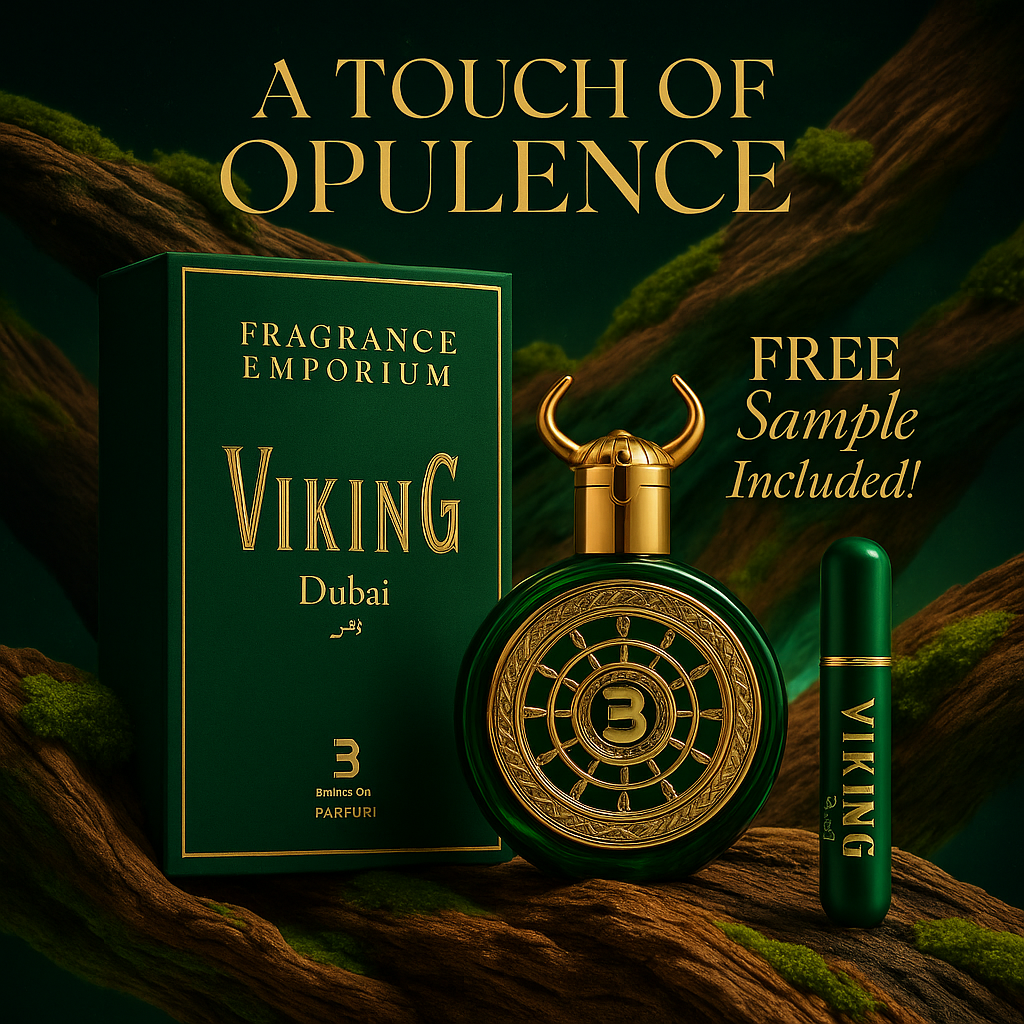 Promotional visual with "A Touch of Opulence" tagline highlighting Valhalla Forge EDP – luxurious Viking-themed masculine scent by Fragrance Emporium.

