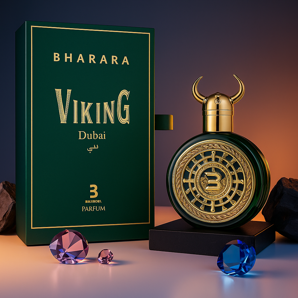 Horned Valhalla Forge perfume bottle set in nature by the sea – rugged and powerful imagery capturing Nordic strength and freedom.


