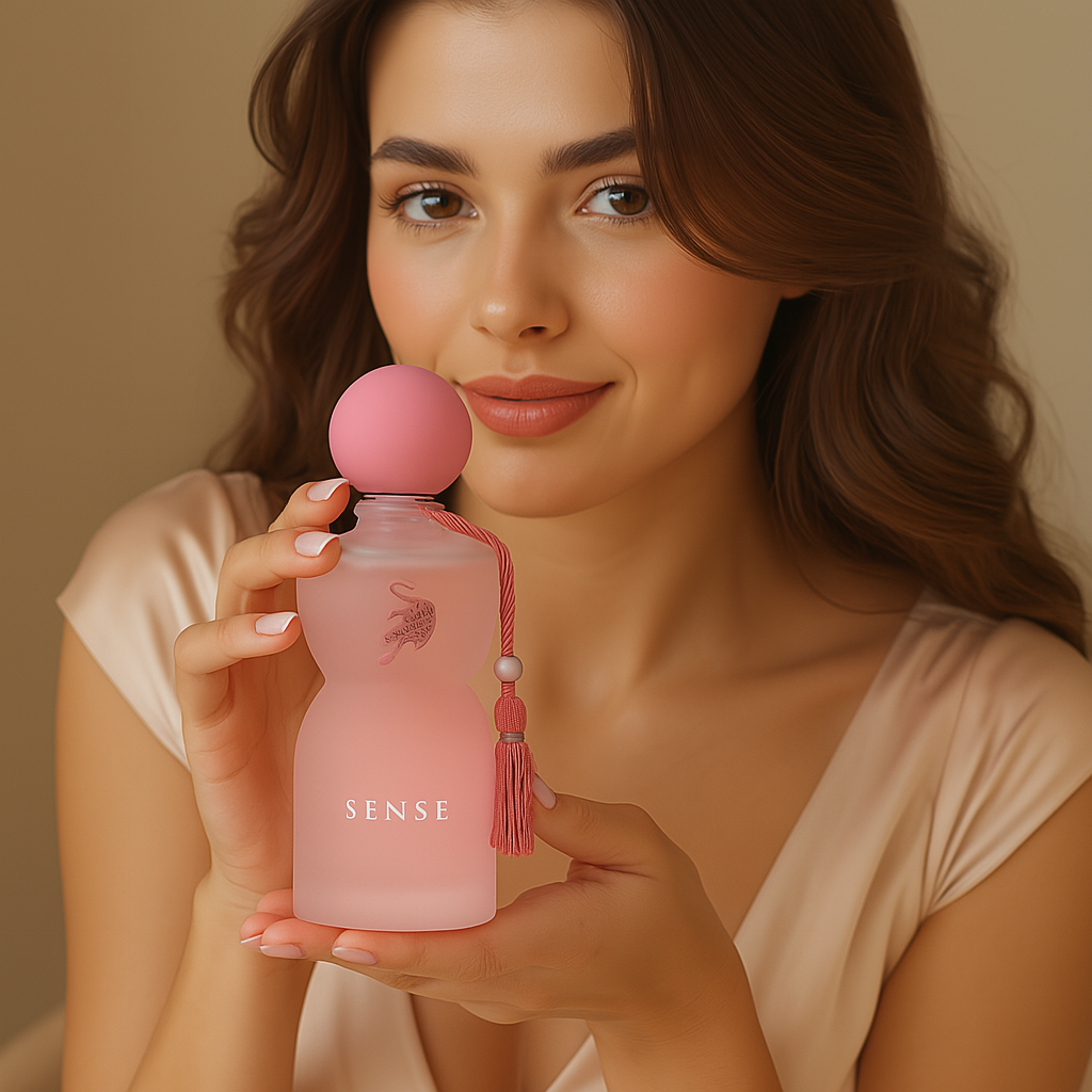 Woman holding Velour Rose perfume by Fragrance Emporium, expressing softness, seduction, and floral elegance

