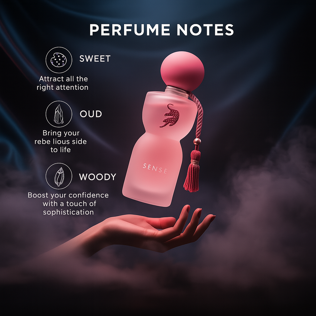 Fragrance Emporium’s Velour Rose EDP showcased with a dark, mysterious backdrop and scent notes for a luxurious nighttime experience

