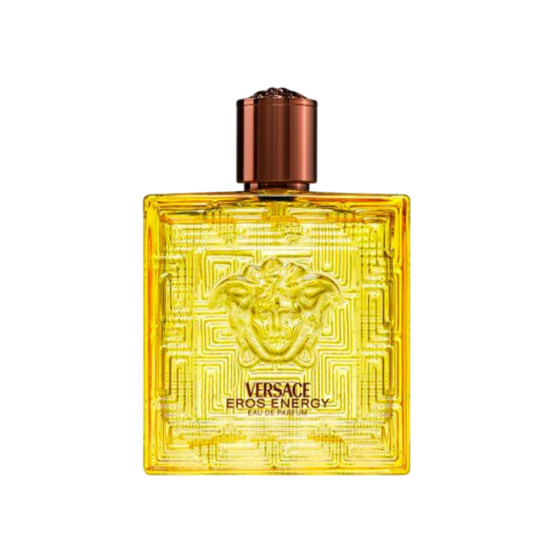Versace Eros Energy Eau de Parfum 100ml in a striking yellow bottle, a citrus woody fragrance for men, available at Fragrance Emporium.