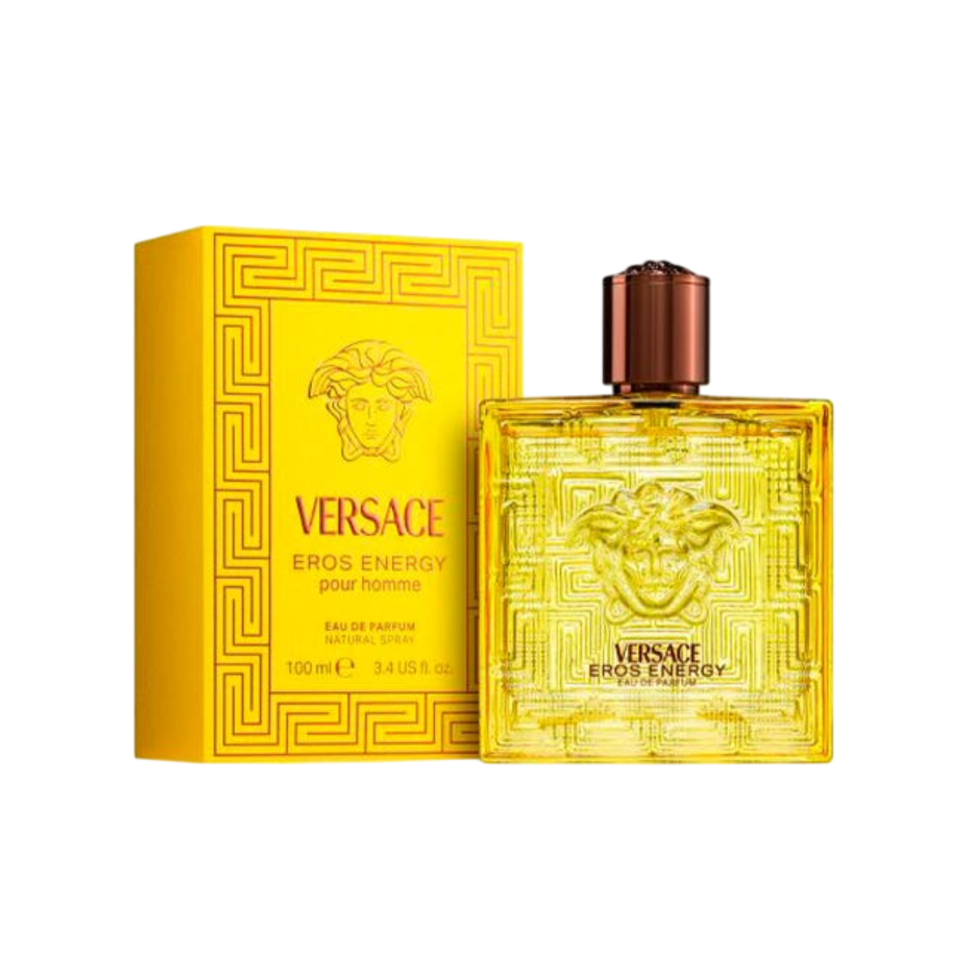 Versace Eros Energy Eau de Parfum 100ml bottle displayed with packaging box, citrus fresh fragrance for men at Fragrance Emporium.