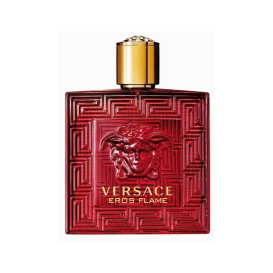 Versace Eros Flame Eau de Parfum 100ml bottle, bold red men’s fragrance with woody spicy notes, available at Fragrance Emporium.