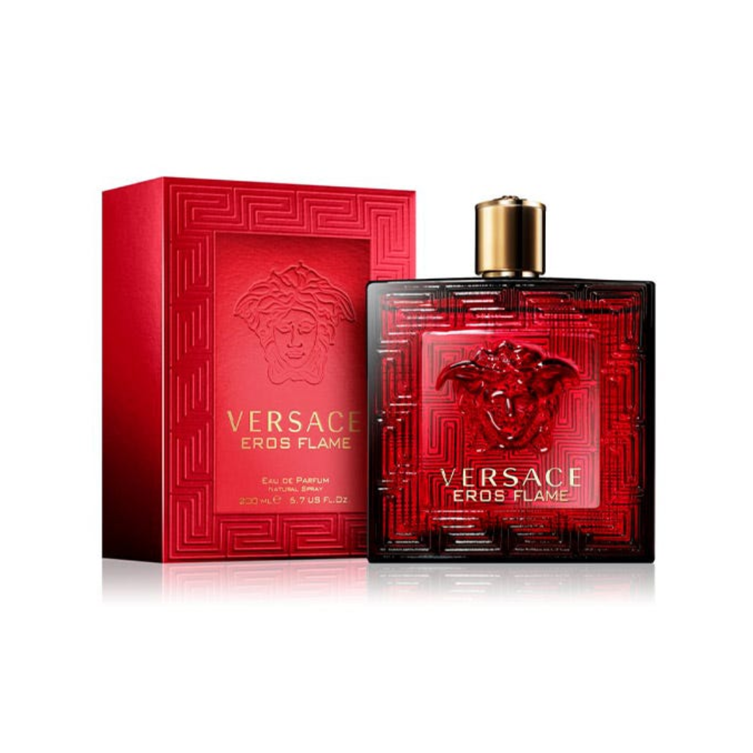 Versace Eros Flame Eau de Parfum 100ml bottle with packaging, luxurious red design, woody spicy fragrance for men, shop at Fragrance Emporium.