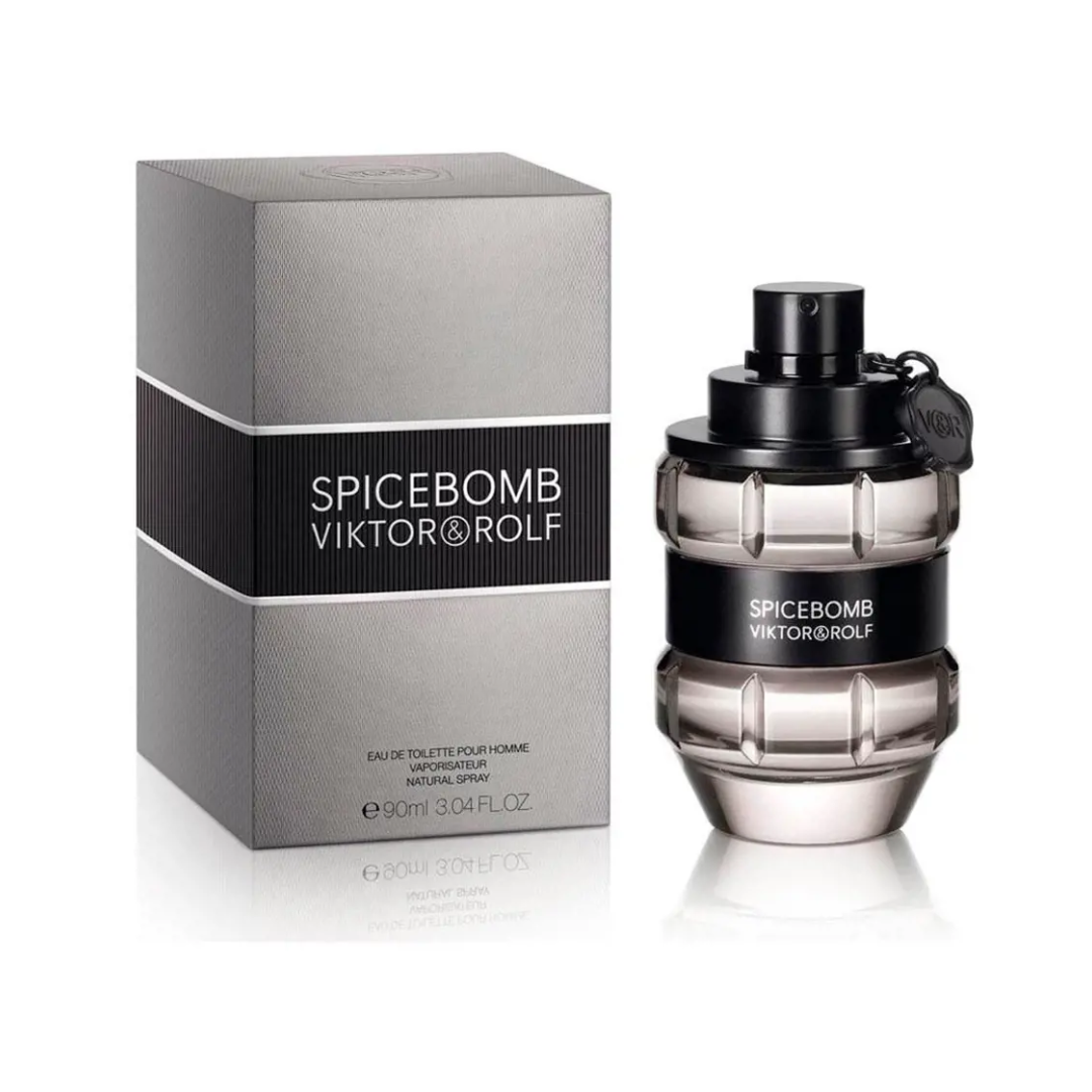 Viktor & Rolf Spicebomb EDT 90 ml perfume bottle displayed beside its stylish grey packaging. A bold woody-spicy fragrance blending bergamot, cinnamon, paprika, leather, and amber. Signature masculine energy with luxury appeal — found at Fragrance Emporium.