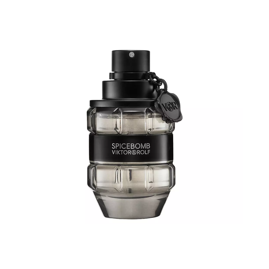 High-quality image of Viktor & Rolf Spicebomb EDT 90 ml perfume bottle in sleek grenade-inspired black and silver design. A woody-spicy men’s fragrance with bergamot, pink pepper, saffron, leather, and tobacco. Explosive yet elegant scent available at Fragrance Emporium.