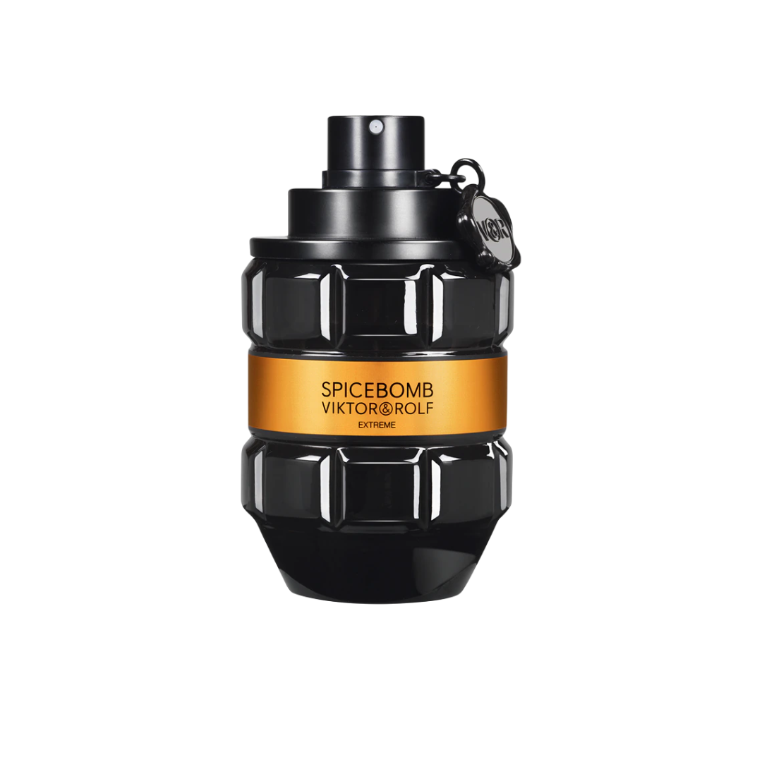Close-up of Viktor & Rolf Spicebomb Extreme EDP 90 ml perfume bottle featuring the iconic black grenade design with amber detailing. An intense amber-spicy fragrance for men with black pepper, tobacco, vanilla, and saffron. Bold and addictive scent at Fragrance Emporium.
