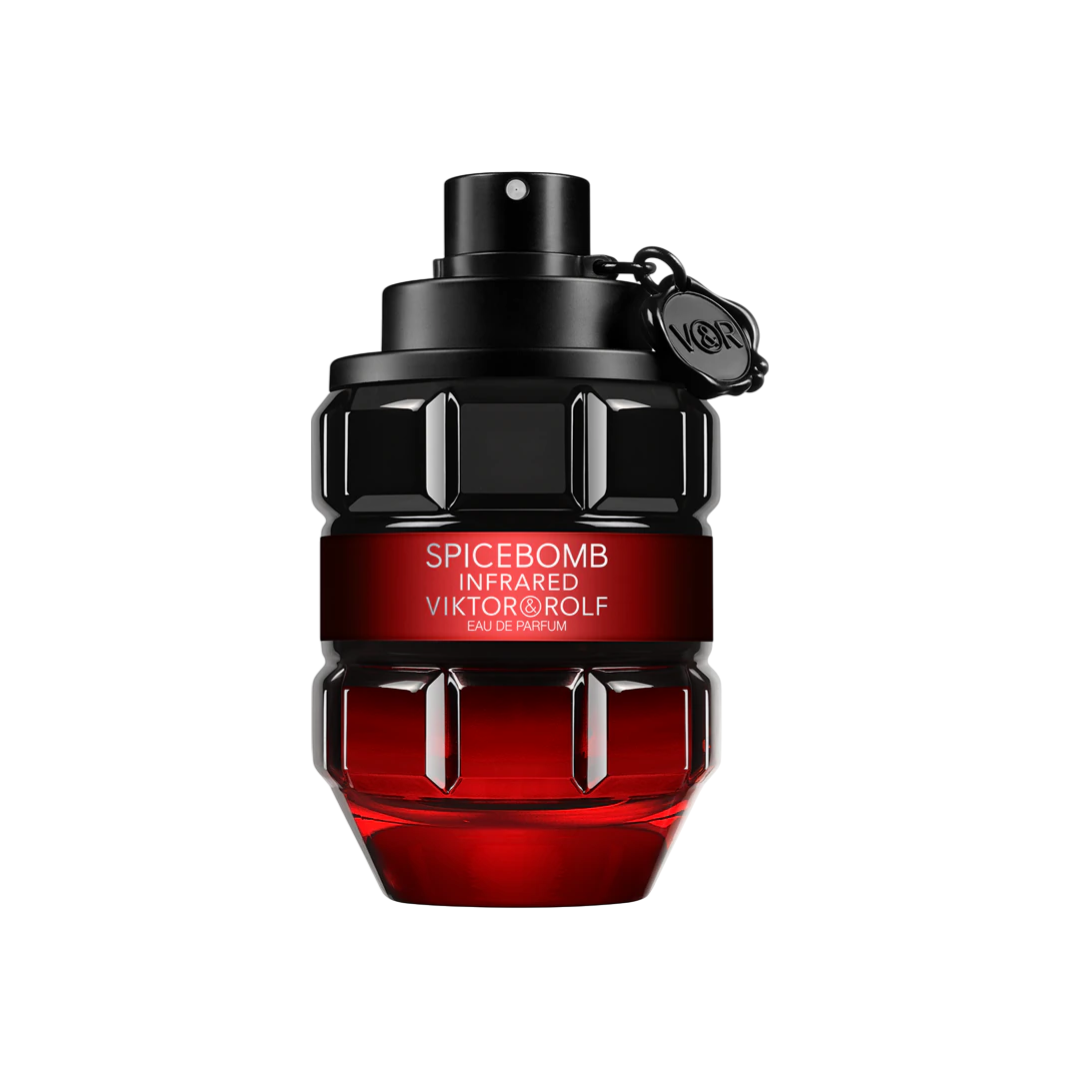 High-resolution image of Viktor & Rolf Spicebomb Infrared EDP 90 ml perfume bottle featuring the signature grenade design with deep red gradient glass. An amber-spicy fragrance for men blending red fruits, pink pepper, cinnamon, and tobacco. Sold at Fragrance Emporium.