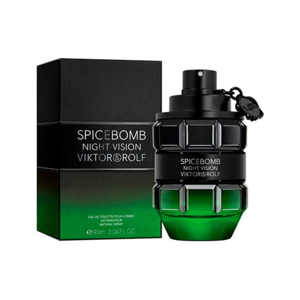 Viktor & Rolf Spicebomb Night Vision EDT 90 ml perfume bottle beside its sleek black-and-green packaging. A captivating men’s scent combining grapefruit, chili pepper, cedar, and almond. Fresh energy meets sensual depth — from Fragrance Emporium.
