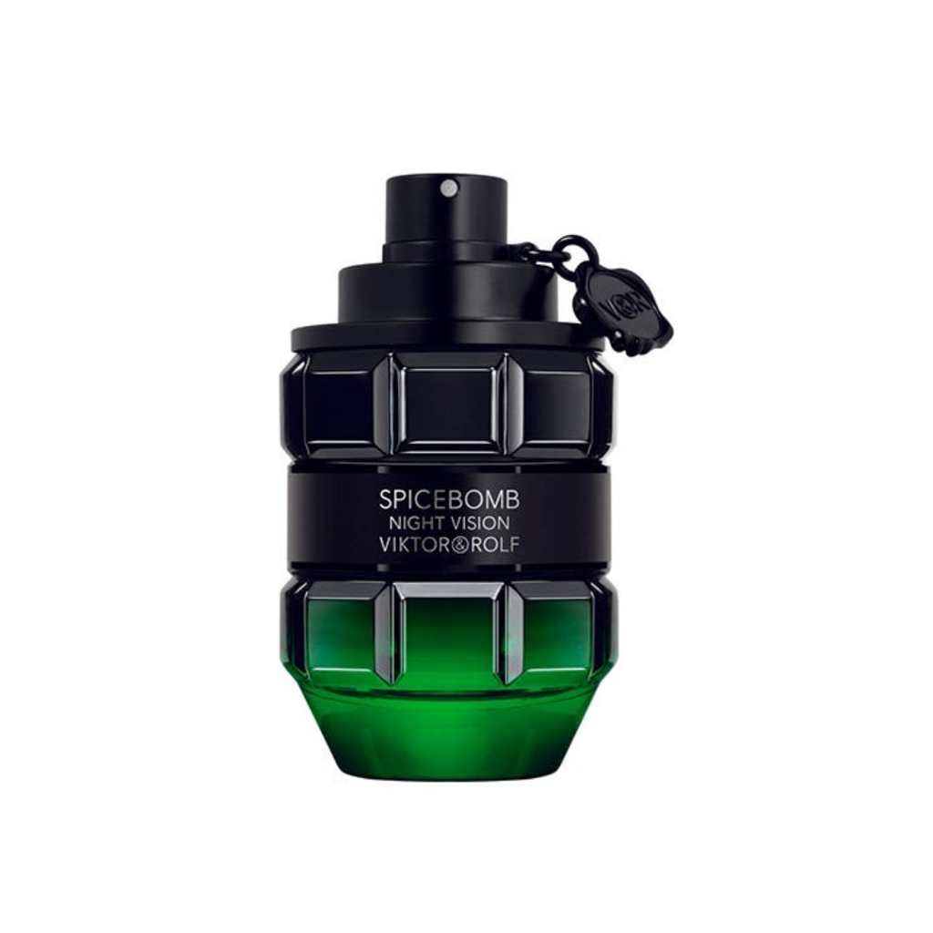 High-quality image of Viktor & Rolf Spicebomb Night Vision EDT 90 ml perfume bottle in matte black with neon-green base. A fresh amber-fougère fragrance with green mandarin, apple, black pepper, and tonka bean — bold, modern, and magnetic. Available at Fragrance Emporium.