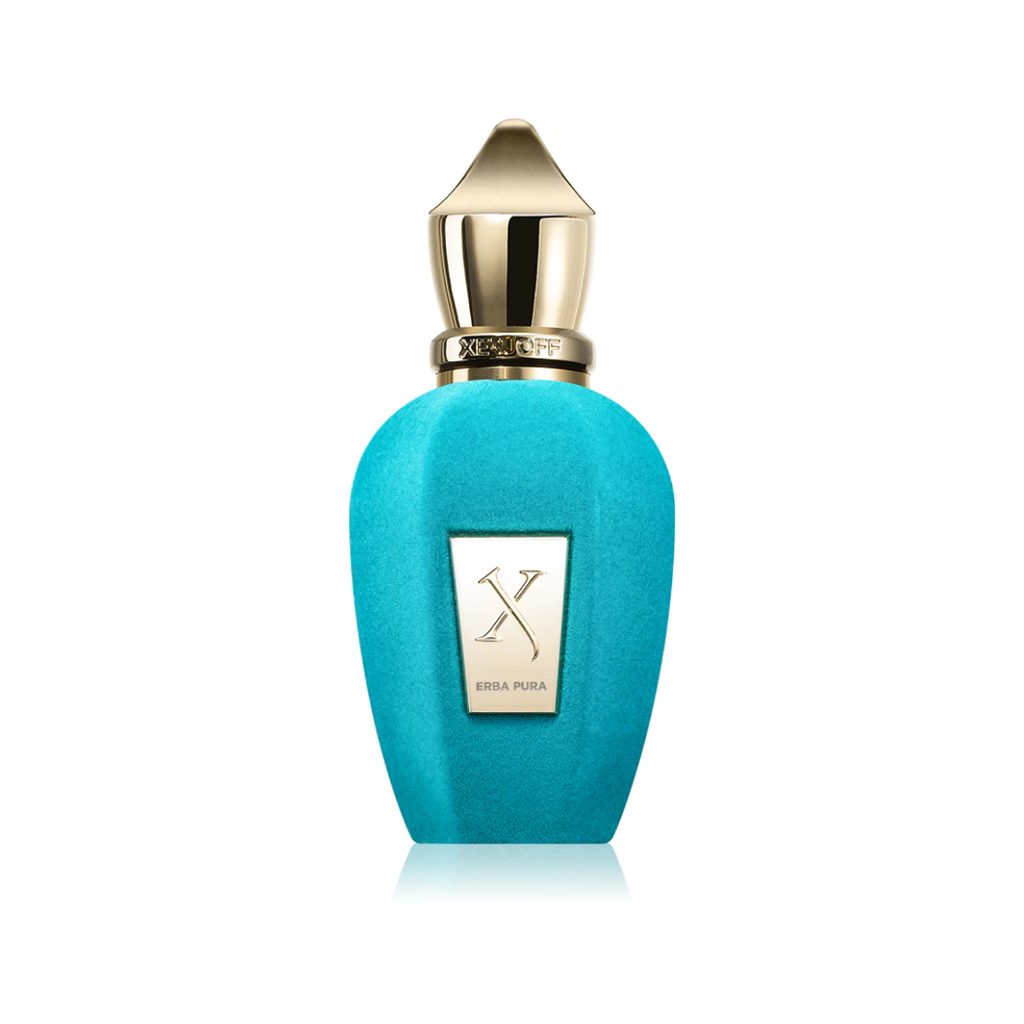 Close-up of Xerjoff Erba Pura Eau de Parfum 100 ml in its vibrant turquoise bottle with gold cap and logo plate. The image reflects the fragrance’s luxurious Italian craftsmanship and its bright, fruity-citrus essence combining Sicilian orange, Calabrian bergamot, and Madagascar vanilla for an elegant unisex aroma.