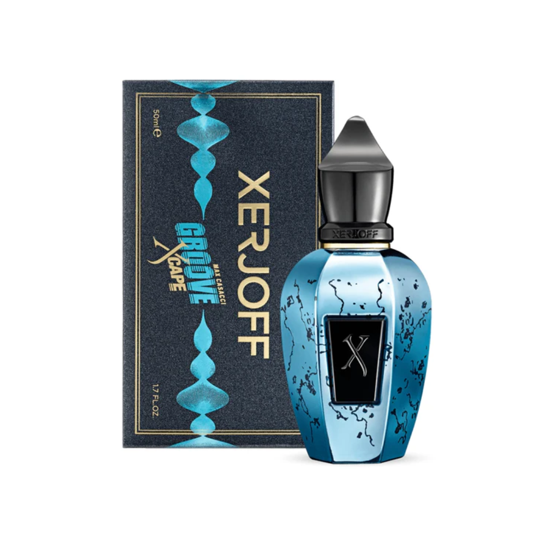Luxurious presentation of Xerjoff Groove Xcape Eau de Parfum 50 ml beside its matching turquoise and black box. The photo captures the perfume’s bold, artistic style and energetic blend of citrus, spices, and amber woods that embody modern sophistication and timeless allure.