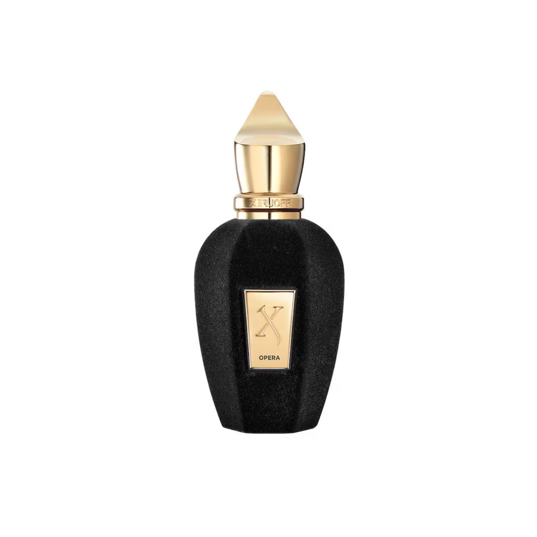 Elegant presentation of Xerjoff Opera Eau de Parfum 100 ml, a deep oriental-floral masterpiece blending Turkish rose, ylang-ylang, leather, amber, and vanilla. The luxurious black bottle with gold details reflects sophistication, opulence, and timeless Italian artistry.