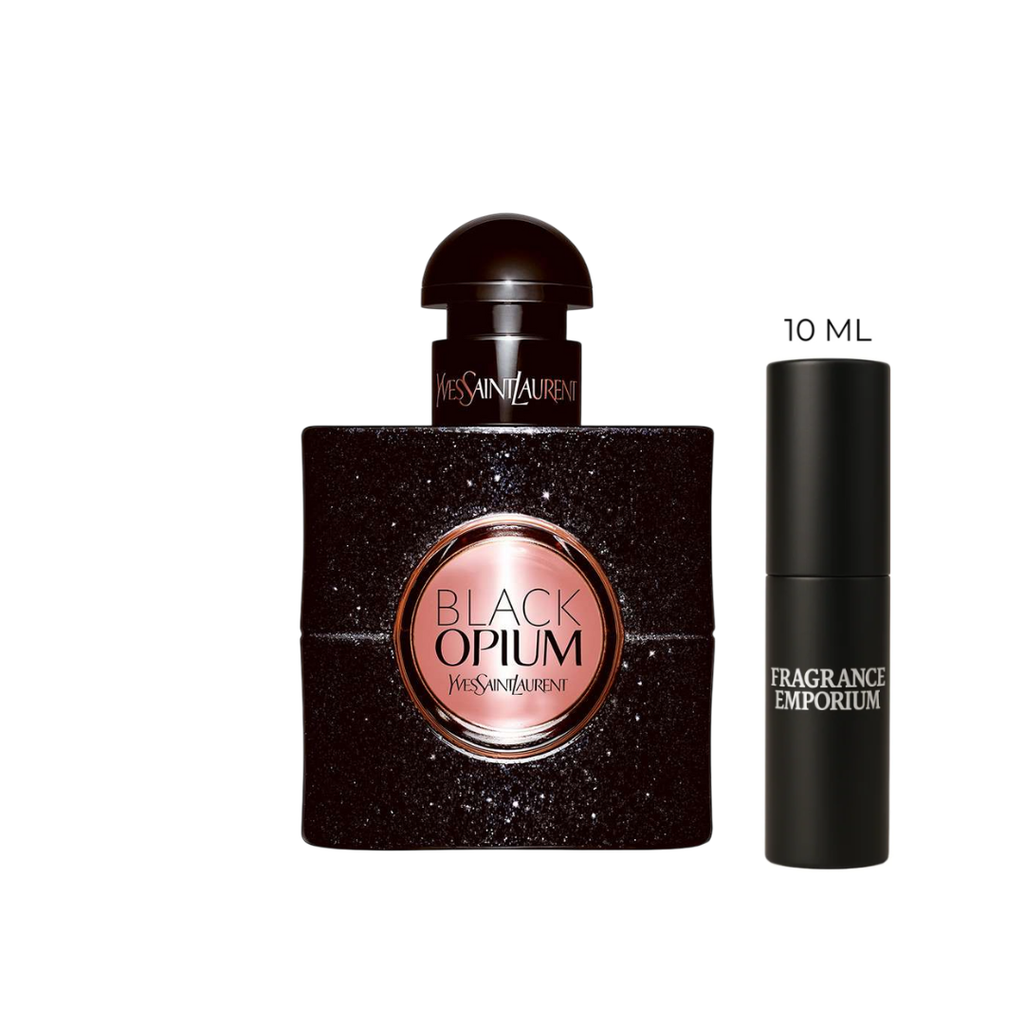 Yves Saint Laurent Black Opium Eau de Parfum bottle next to a 10 ml sample vial, emphasizing the elegant black shimmer design. The fragrance features coffee, pear, jasmine, and vanilla for an addictive, sensual aroma — discover it in 10 ml luxury decants from Fragrance Emporium.