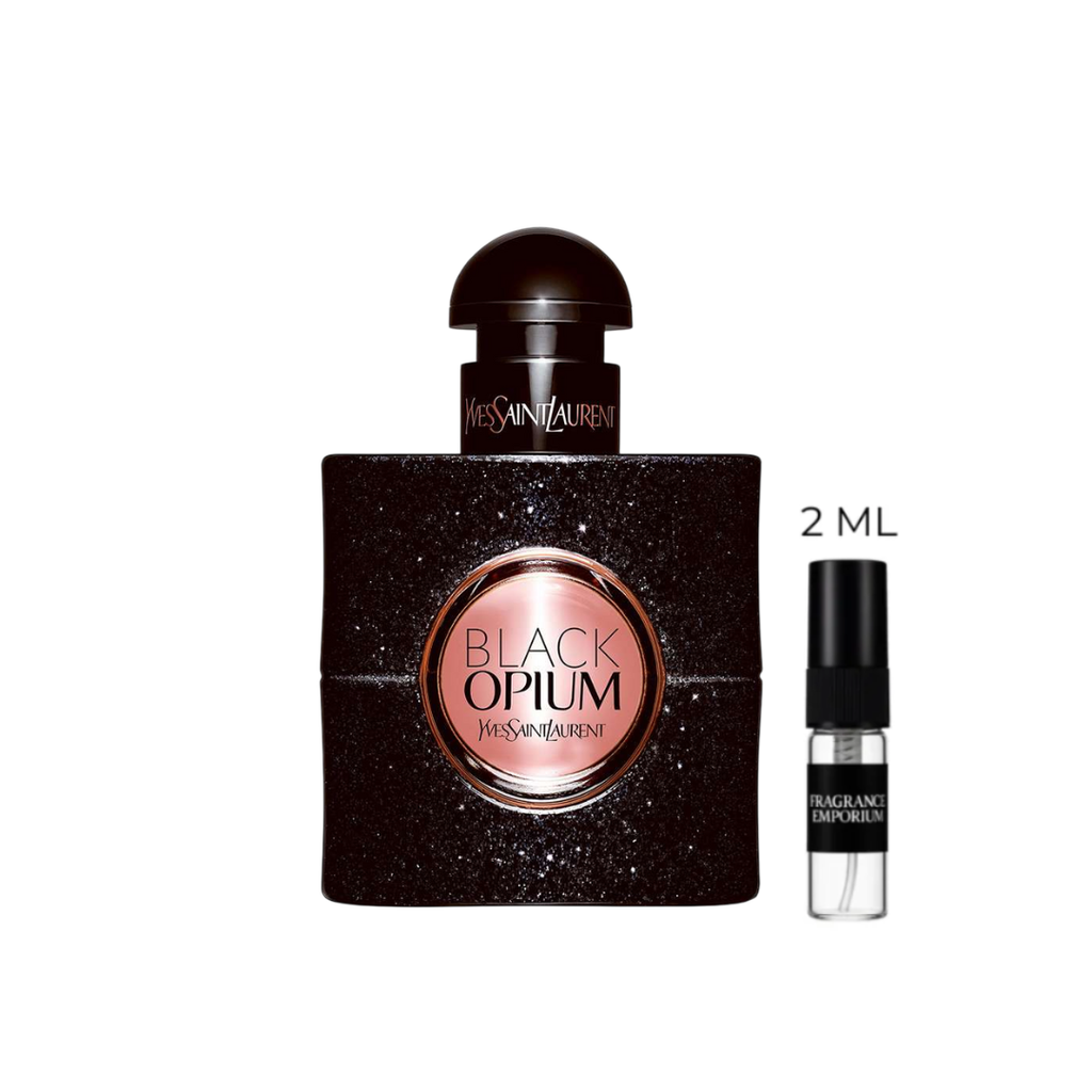 Yves Saint Laurent Black Opium Eau de Parfum bottle beside a 2 ml sample vial on a white background, highlighting the rich and addictive women’s fragrance with notes of coffee, pear, and vanilla. A best-selling YSL scent offered in premium 2 ml decants exclusively from Fragrance Emporium.