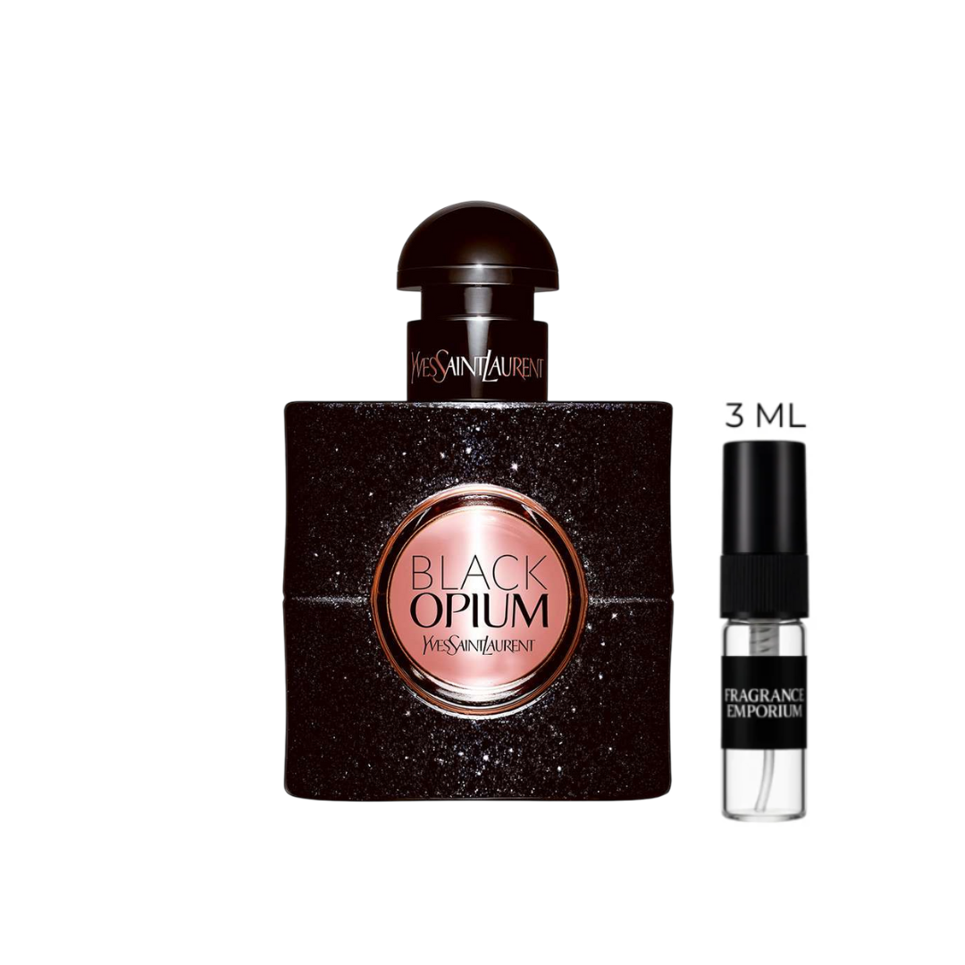 Studio image of Yves Saint Laurent Black Opium Eau de Parfum bottle paired with a 3 ml sample vial. The deep black glitter bottle represents the warm blend of coffee, orange blossom, and vanilla — a luxurious and sensual fragrance available in 3 ml decants from Fragrance Emporium.