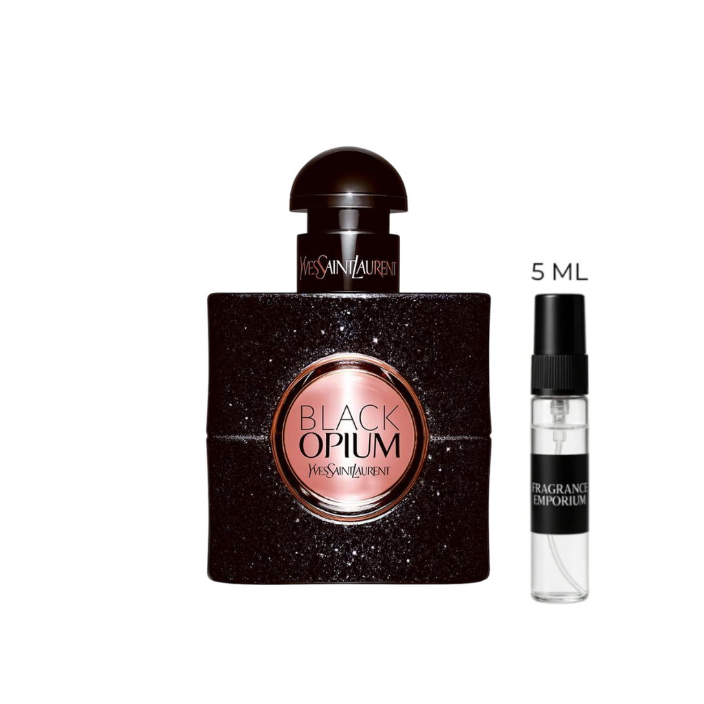 Yves Saint Laurent Black Opium EDP bottle with a 5 ml sample vial placed beside it, photographed under soft lighting. A captivating coffee and vanilla perfume designed for confident women, available in 5 ml premium decants at Fragrance Emporium.