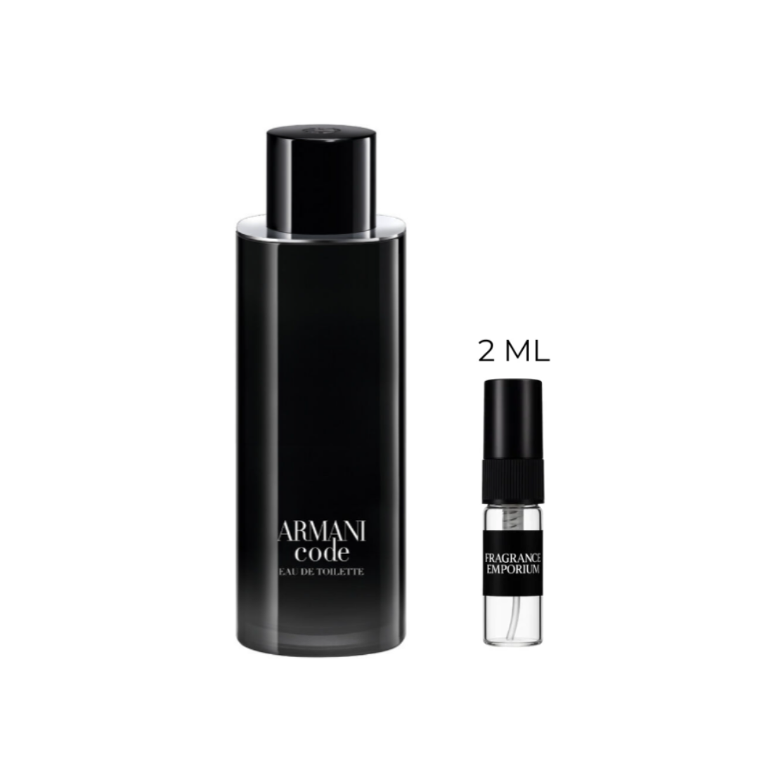 Giorgio Armani Code Eau de Toilette bottle with 2ml sample decant – elegant oriental-spicy fragrance for men