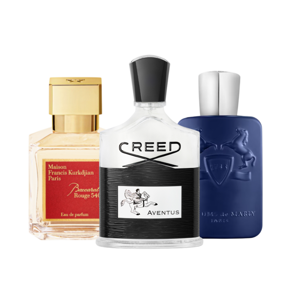 Luxury discovery set with Baccarat Rouge 540, Creed Aventus, and Parfums de Marly Layton – authentic decants from Fragrance Emporium
