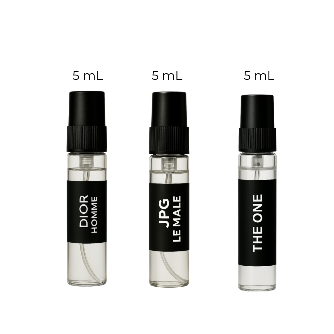 Dior Homme Intense, Dolce & Gabbana The One, and Jean Paul Gaultier Le Male sample decants – Fragrance Emporium premium men’s fragrance trio