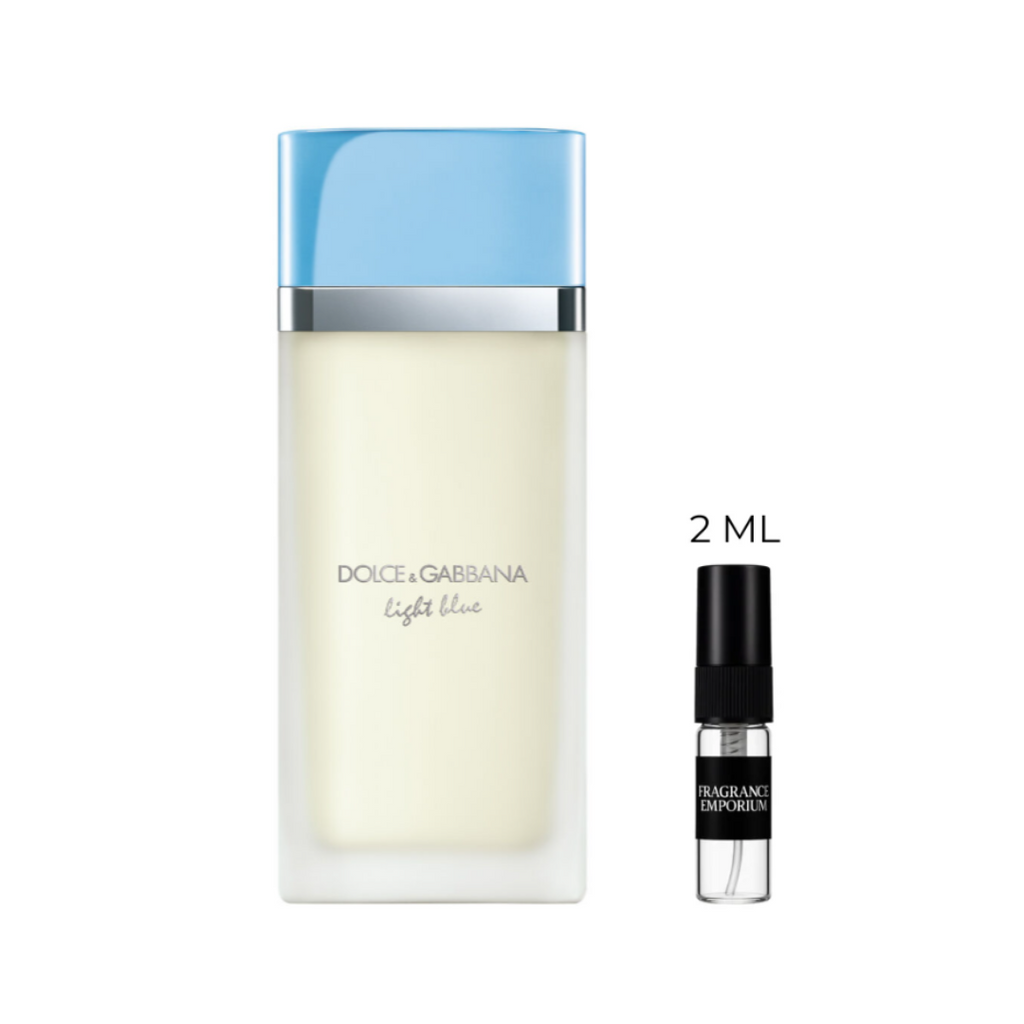 Dolce & Gabbana Light Blue EDT perfume bottle with 2ml sample decant – refreshing fruity floral fragrance for women