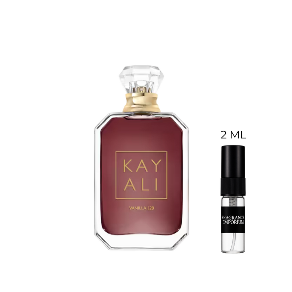 Kayali Vanilla 28 Eau de Parfum bottle with 2ml sample decant – warm amber vanilla fragrance for women