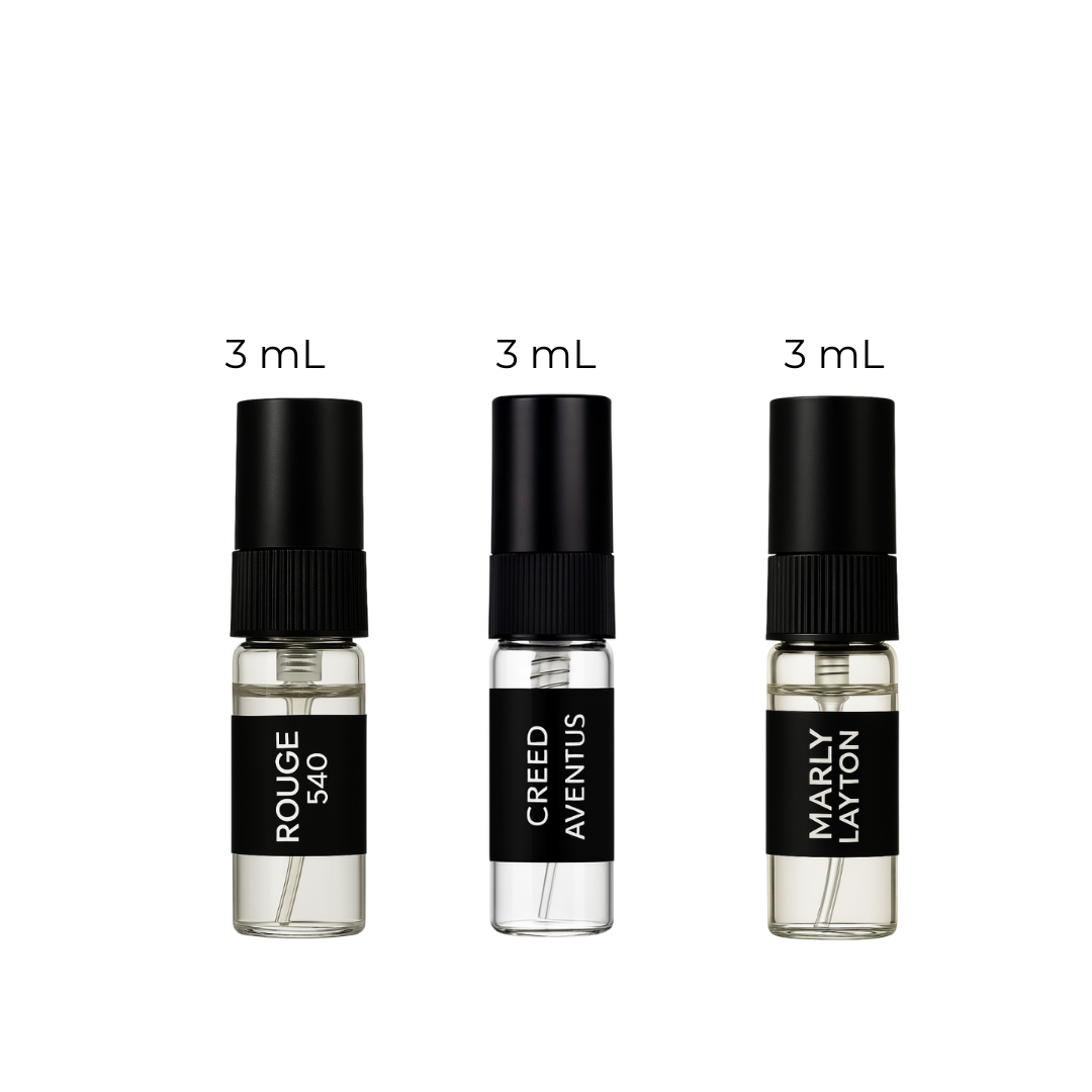 Premium fragrance discovery pack featuring Baccarat Rouge 540, Creed Aventus, and Layton by Parfums de Marly – niche perfume samples
