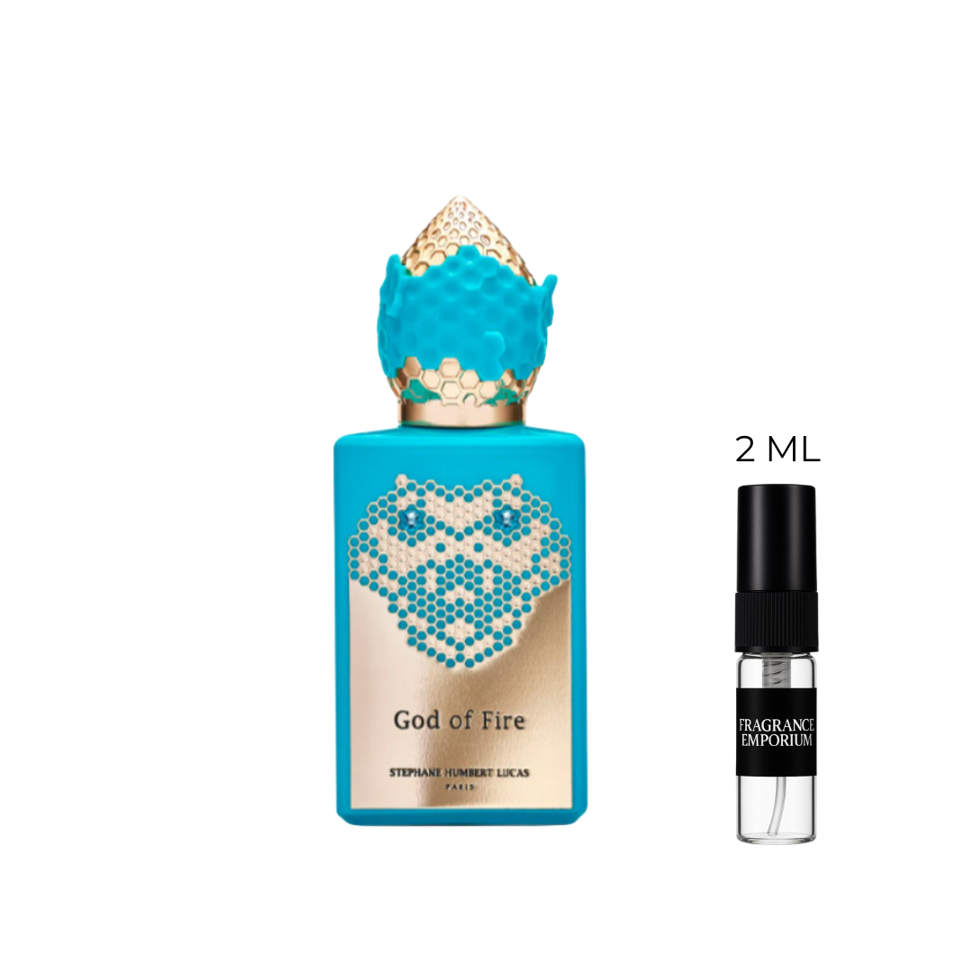 Stéphane Humbert Lucas God of Fire EDP bottle with 2ml sample decant – exotic fruity mango oud fragrance