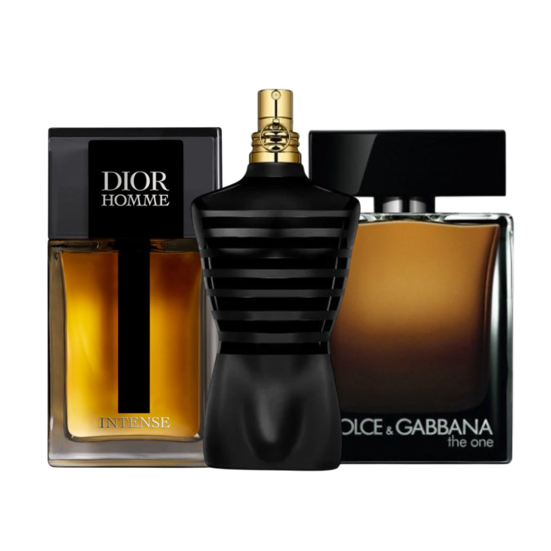 Timeless Seduction Discovery Trio featuring Dior Homme Intense, Dolce & Gabbana The One, and Jean Paul Gaultier Le Male – Fragrance Emporium fragrance samples