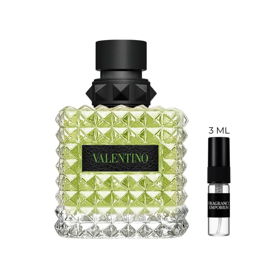 Valentino Donna Born in Roma Green Stravaganza EDP 3ml travel spray – elegant women’s perfume with floral jasmine, smoky tea and woody vanilla – Fragrance Emporium