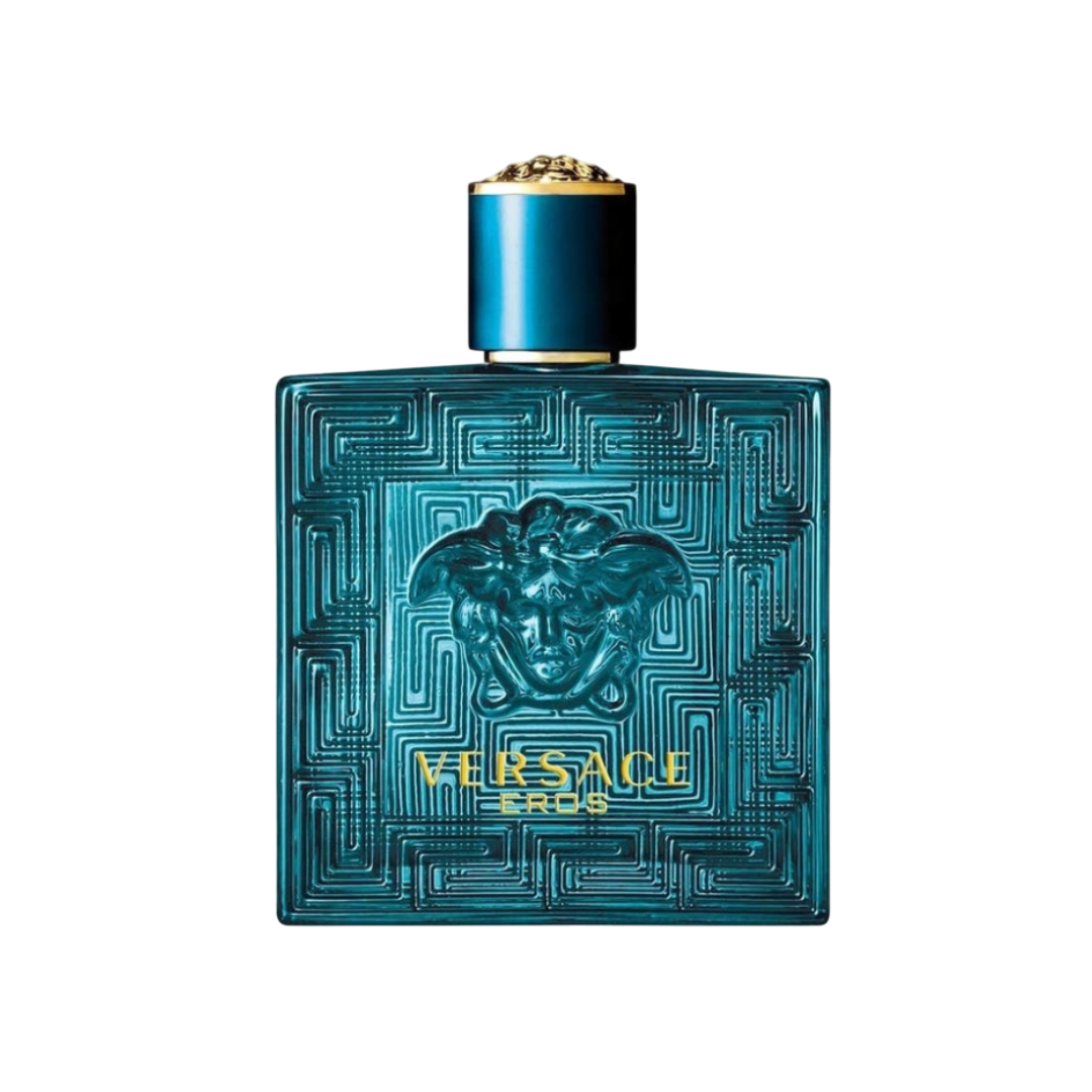 Versace Eros EDP 100 ml Eau de Parfum for men – bold and captivating fragrance with mint, candy apple, lemon, and mandarin orange. Iconic turquoise bottle with Medusa emblem. Available at Fragrance Emporium for a luxurious masculine scent.